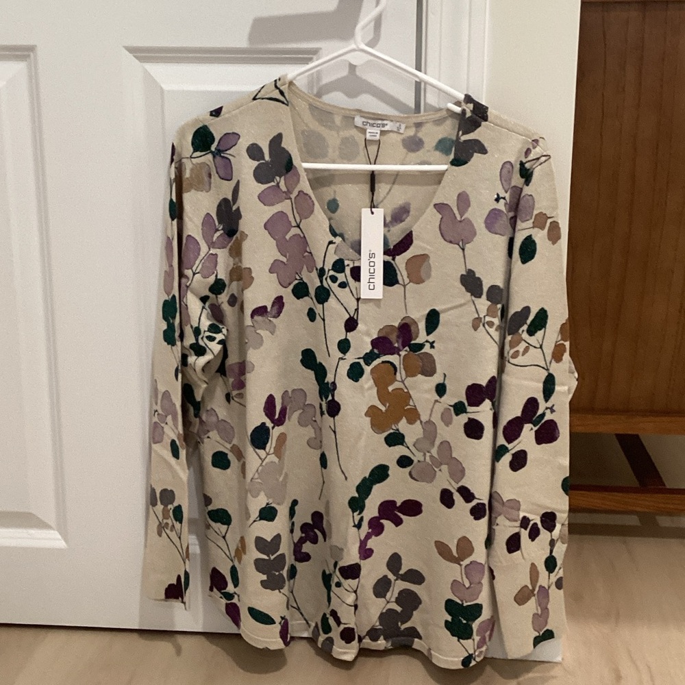 Chico's Cream Long-Sleeve V-Neck Top with Multicolor Floral Print